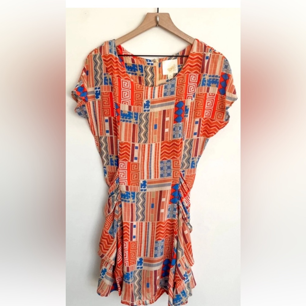 Line & Dot Geometric Print Mini Dress - Orange and Blue